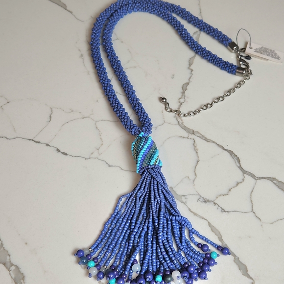 Chico's Long Cool-Tone Tassel Beaded Pendant Necklace - Picture 4 of 10
